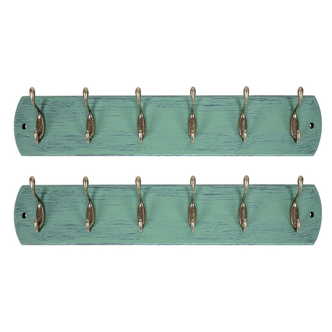 DOKEHOM DKH0166DBX2 2 Set 6-Antique Brass Hooks on Natural Pine Wooden Coat Rack Hanger, Mail Box Packing (Mediterranean Blue)
