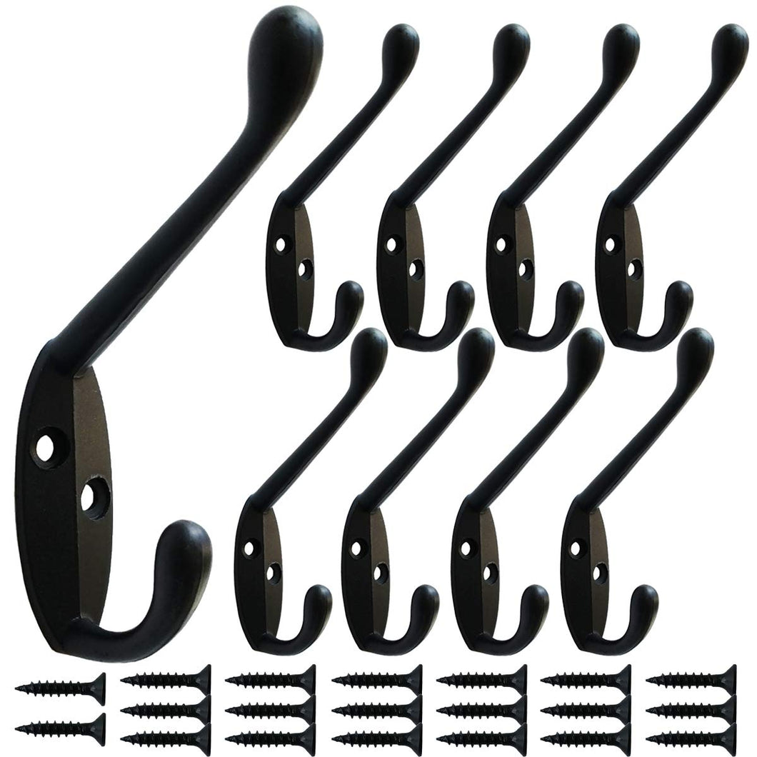 Topspeeder Coat Hooks 9 Pack Heavy Duty Wall Mounted for Hat Hardware Dual Prong Retro Coat Hanger with 20 Screws Black Color (Black)