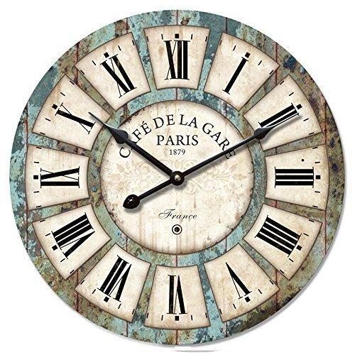 16-In Vintage Roman Numeral Design Wood Clock - Eruner France Paris *Caf De La Gare* Colourful French Paris Tuscan Style Non-Ticking Quartz Movement Wooden Wall Clock Cafe Bar(16 , #03)