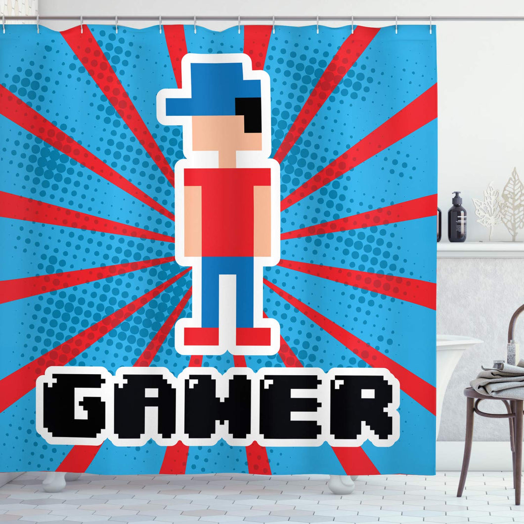 Ambesonne Video Games Shower Curtain, Blue and Red Striped Boom Beams Retro 90's Toys Boy with Cap, Cloth Fabric Bathroom Decor Set with Hooks, 70
