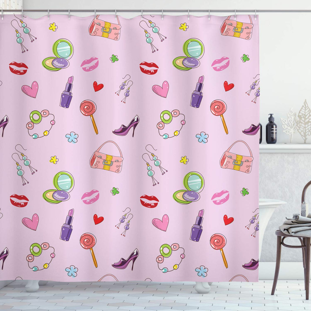 Ambesonne Princess Shower Curtain, Girls Illustration with Fashion Accessories and Makeup Lollipop Flower Print, Cloth Fabric Bathroom Decor Set with Hooks, 70
