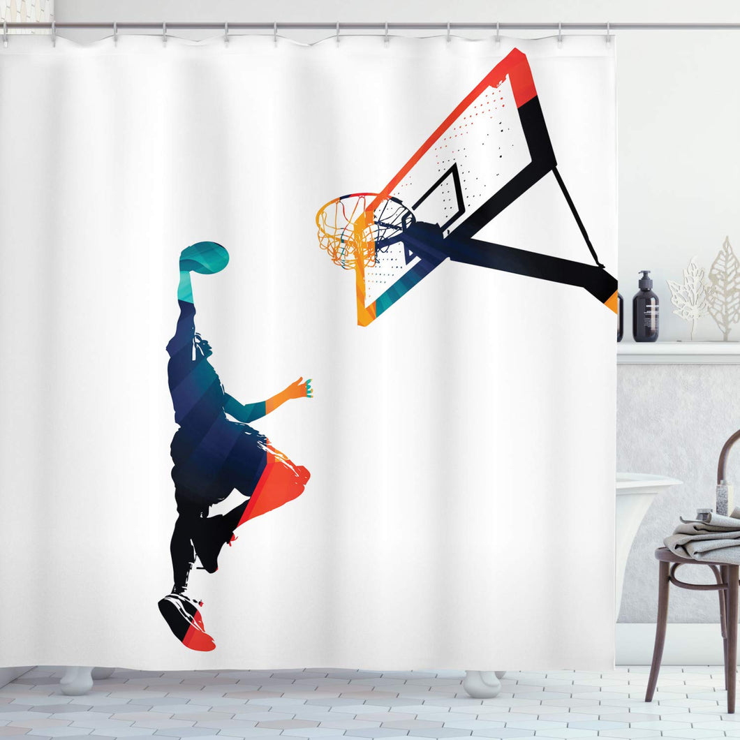 Ambesonne Sports Decor Collection, High Contrast Silhouette Artwork of an Athlete Slam Dunking a Basketball Image, Polyester Fabric Bathroom Shower Curtain Set with Hooks, Teal Blue Orange Red