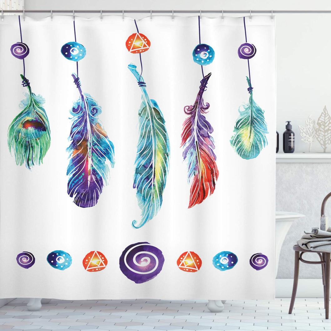 Ambesonne Boho Shower Curtain, Several Tribal Feather Group in Psychedelic Hippie Universe Cosmos Harmony Forms, Cloth Fabric Bathroom Decor Set with Hooks, 75