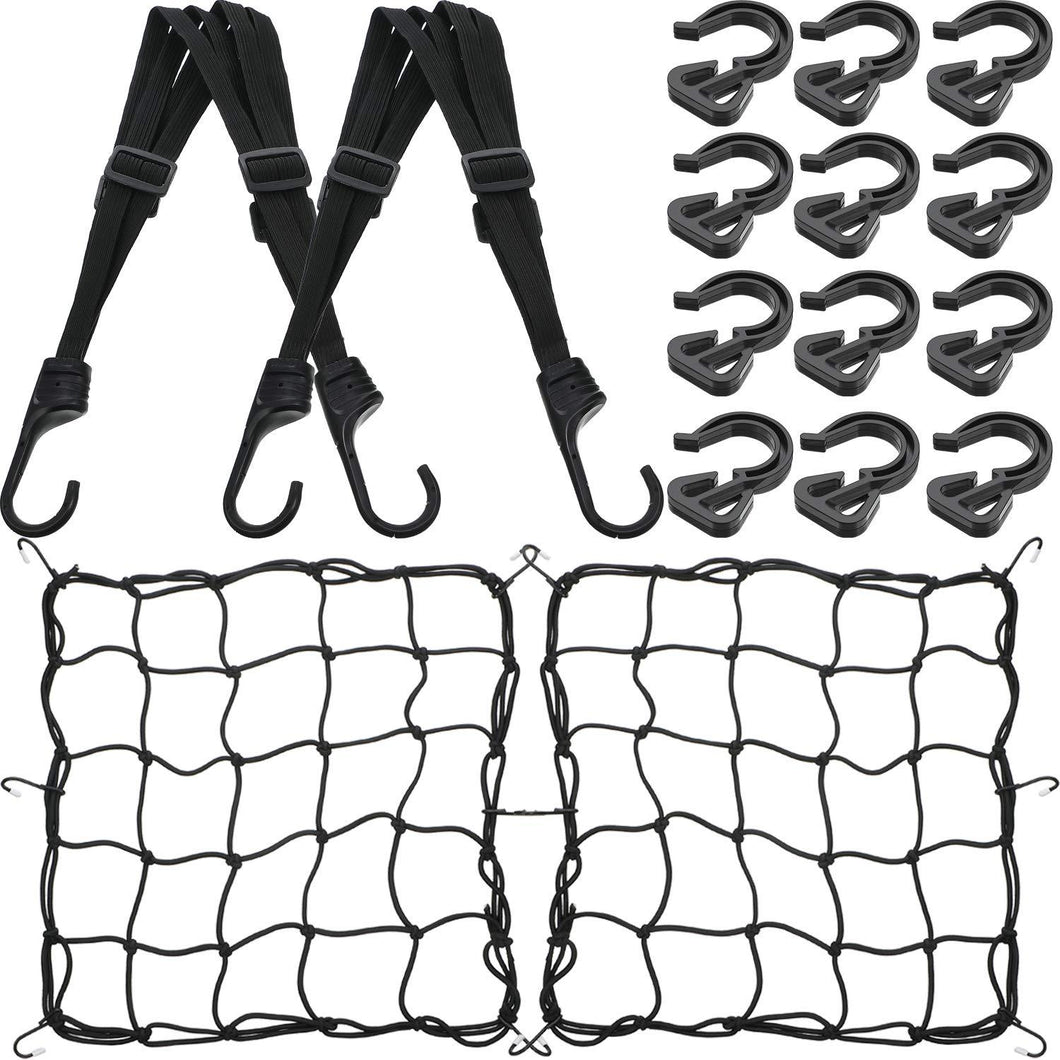 2 Pieces Helmet Luggage Strap Bungee Cord 2 Pieces 15 x 15 Inch Elastic Motorcycle Bicycle Cargo Nets 2 x 2 Inch Mesh with 12 Pieces Adjustable Plastic Hooks