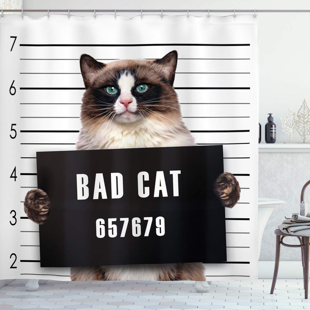 Ambesonne Cat Shower Curtain, Bad Gang Cat in Jail Kitty Under Arrest Criminal Prisoner Hangover Work, Cloth Fabric Bathroom Decor Set with Hooks, 75