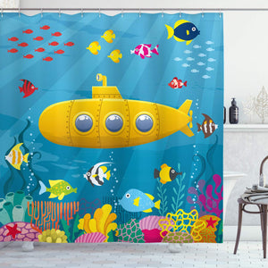 Ambesonne Yellow Submarine Shower Curtain, Coral Reef with Colorful Fish Ocean Life Marine Creatures Tropic Kid, Cloth Fabric Bathroom Decor Set with Hooks, 70" Long, Blue Yellow
