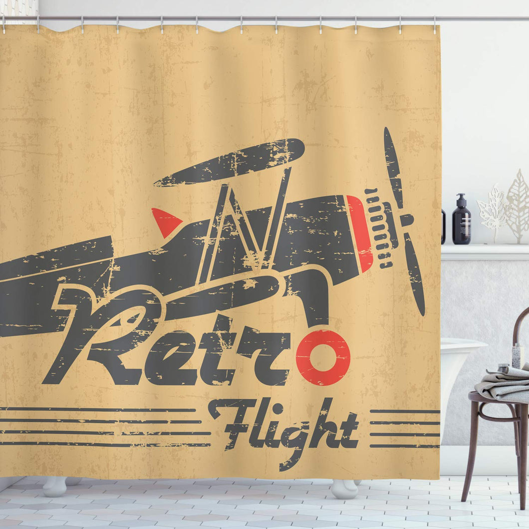 Ambesonne Vintage Airplane Shower Curtain, Retro Flight Emblem with Old Plane Stripes Grunge Style, Cloth Fabric Bathroom Decor Set with Hooks, 70
