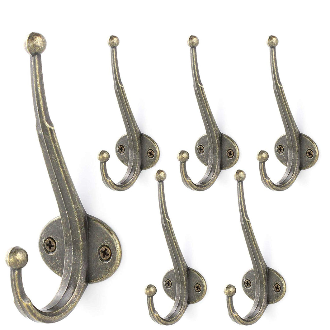 Sturdy Dual Coat Hooks Modern Iron Wall Mounted Hook for Entryway Kitchen Home Office Garage Organizer Storage, with 17mm Screws, Brushed Antique Bronze, 6 PCS