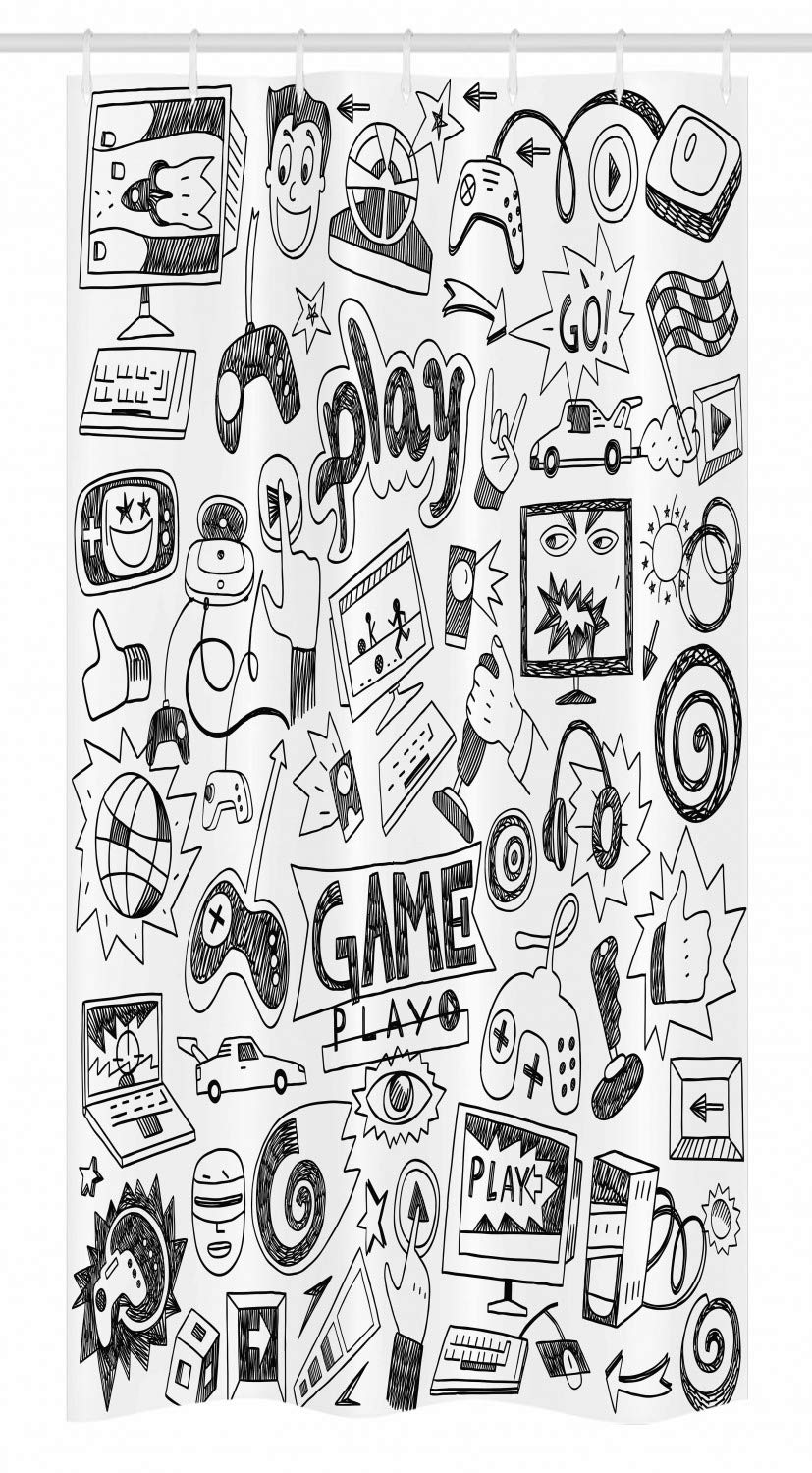 Ambesonne Video Games Stall Shower Curtain, Monochrome Sketch Style Gaming Design Racing Monitor Device Gadget Teen 90's, Fabric Bathroom Decor Set with Hooks, 36