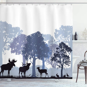 Ambesonne Moose Shower Curtain, Forest Design Abstract Woods North American Wild Animals Deer Hare Elk Trees, Cloth Fabric Bathroom Decor Set with Hooks, 70" Long, Lilac Blue