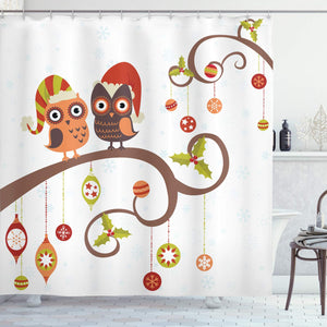 Ambesonne Christmas Shower Curtain, Owls on Celebrating Twiggy Tree Branches Annual Yule Noel Christmas Themed Print, Cloth Fabric Bathroom Decor Set with Hooks, 75" Long, Grey Brown