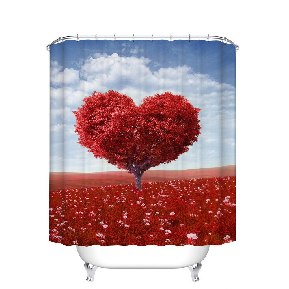 Fangkun Decor Shower Curtain Set Heart Shaped Oak Tree of Love and Grass - Polyester Fabric Waterproof Bath Curtains - 12pcs Shower Hooks - 72 x 72 inches