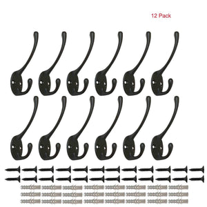 12 Pack Heavy Duty Dual Coat Hooks Wall Mounted with 24 Screws Retro Double Utility Rustic Hooks for Coat, Scarf, Bag, Towel, Key, Cap, Cup, Hat (Black)