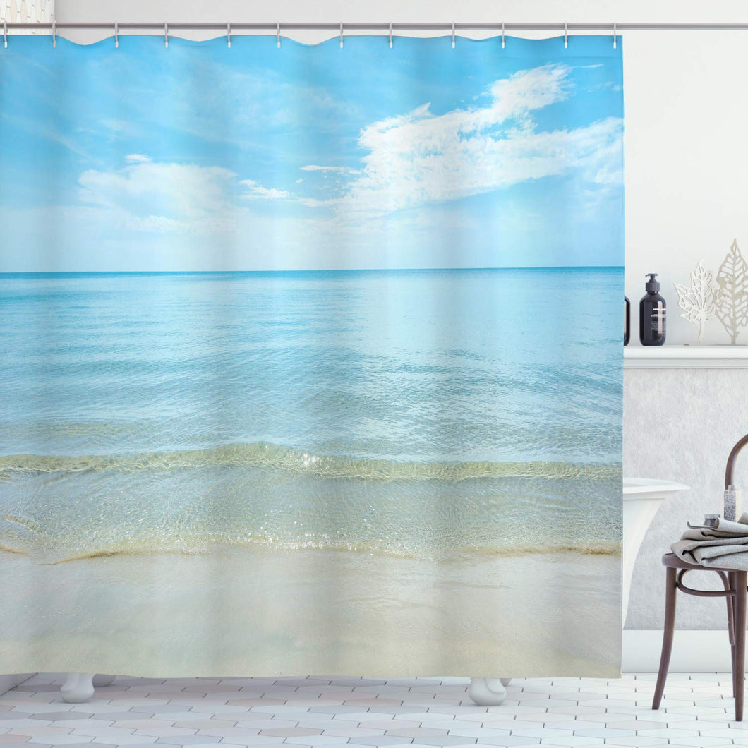 Ambesonne Ocean Shower Curtain, Sunny Summer Day at The Sandy Beach Tranquil Calm Shore Sea Horizon Image Artprint, Cloth Fabric Bathroom Decor Set with Hooks, 75