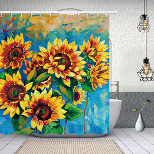 NYMB Oil Painting Autumn Sunflower Shower Curtain in Bath, Fall Harvest Farm Plant Flower, Polyester Fabric Bathroom Fantastic Decorations Watercolor Sunflower Bath Curtains Hooks Included, 69X70in