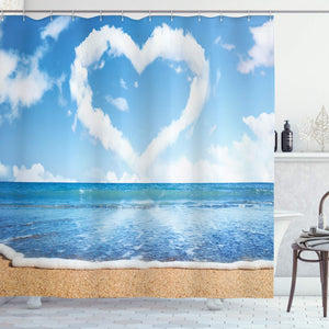 Ambesonne Valentines Day Shower Curtain, Clouds in Clear Blue Sky Forming a Heart Shape Romantic Beach, Cloth Fabric Bathroom Decor Set with Hooks, 70" Long, Sand Brown