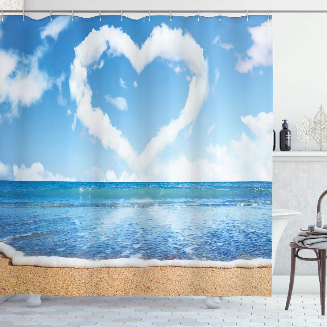 Ambesonne Valentines Day Shower Curtain, Clouds in Clear Blue Sky Forming a Heart Shape Romantic Beach, Cloth Fabric Bathroom Decor Set with Hooks, 70