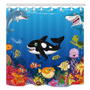 NYMB Kids Love Sea Animals Shower Curtains, Cartoon Whale with Sea Life Swimming in Coral, Polyester Fabric Waterproof Ocean Animal Bathroom Bath Curtain, Shower Curtain Hooks Included, 69X70in