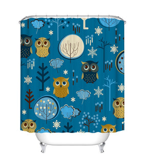 Fangkun Children's Cartoon Owl Design Shower Curtain Art Bathroom Decor Set - Polyester Fabric Waterproof Bath Curtains - 12pcs Hooks - 72 x 72 inches