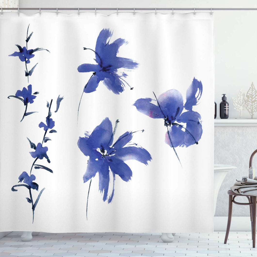 Ambesonne Traditional Shower Curtain, Oriental Watercolor Inspired Plum Blossom Petals Eastern Artwork Print, Cloth Fabric Bathroom Decor Set with Hooks, 75