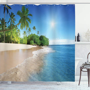 Ambesonne Ocean Decor Collection, Tropical Palm Trees on a Sunny Island Beach Scene Panoramic View Picture, Polyester Fabric Bathroom Shower Curtain Set with Hooks, Blue Green White Multicolored