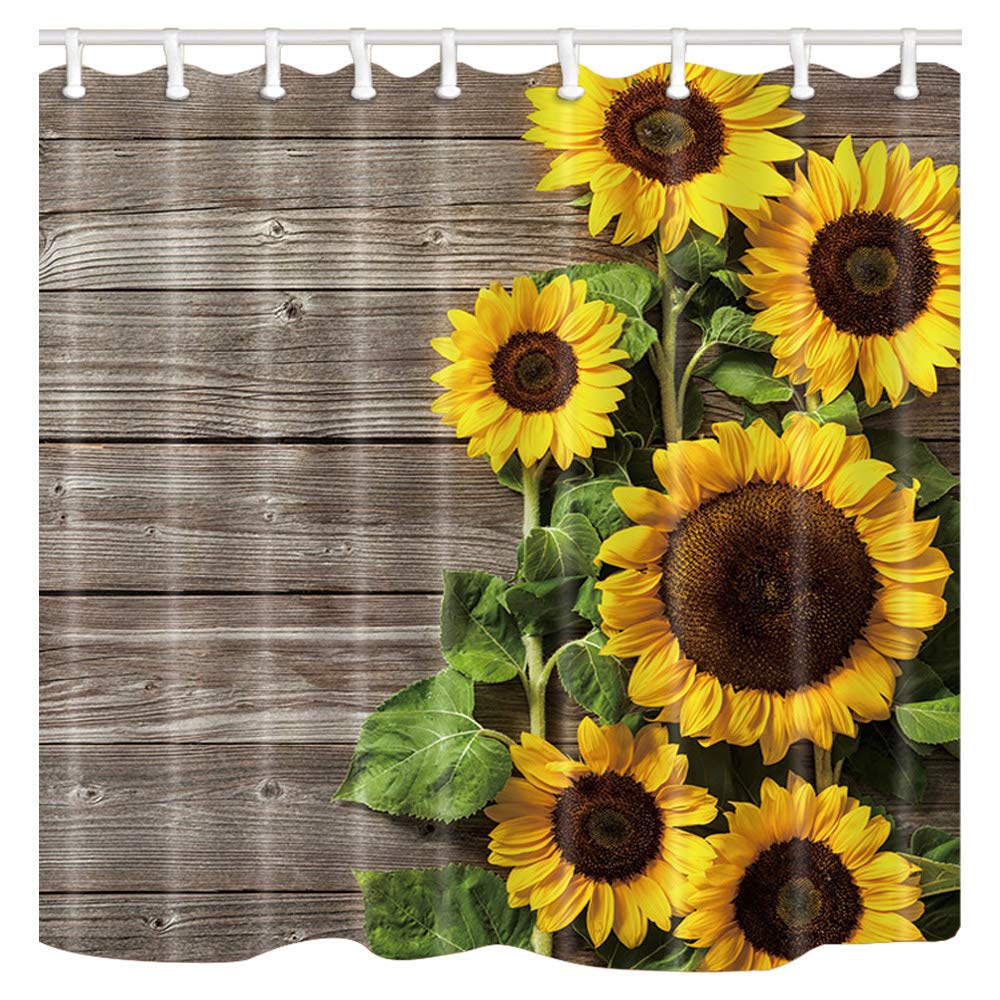 ChuaMi Sunflower Shower Curtain, Brown Grey Wood and Yellow Flowers, Country Farmhouse Theme, Bathroom Decor Design Polyester Fabric 69 x 70 Inches with 12 Hooks