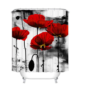 Fangkun Shower Curtain Bathroom Decor Set - Red Flower Ink Painting Art Design Curtains - Polyester Fabric Waterproof Curtains - 12pcs Shower Hooks - 72 x 72 inches