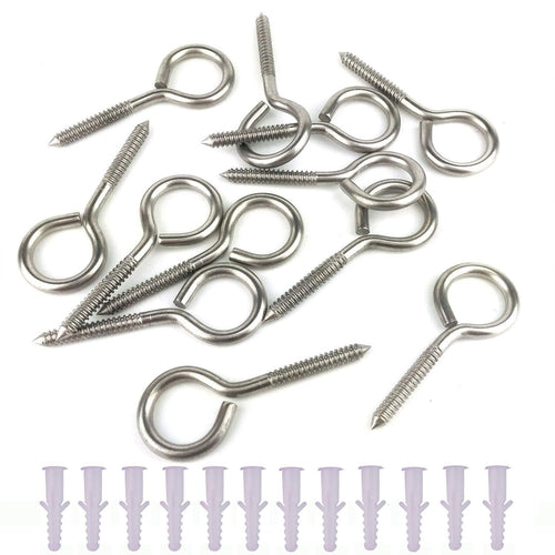 12Pcs 2.6 inch 304 Stainless Steel Screw Eyes, Tapping Screws Hanging Hooks Heavy Duty Hooks with Anchors