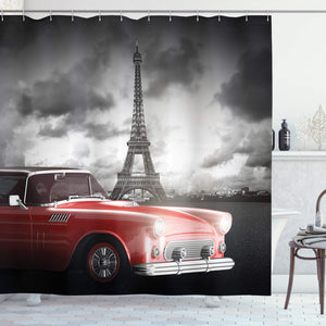 Ambesonne Paris Shower Curtain, Vintage Car with Tour Eiffel in Cold Cloudy Day Romantic Theme Retro Style Art, Cloth Fabric Bathroom Decor Set with Hooks, 70" Long, Grey Red