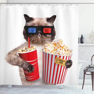 Ambesonne Movie Theater Shower Curtain, Cat with Popcorn and Drink Watching Movie Glasses Entertainment Cinema Fun, Cloth Fabric Bathroom Decor Set with Hooks, 70" Long, White Red