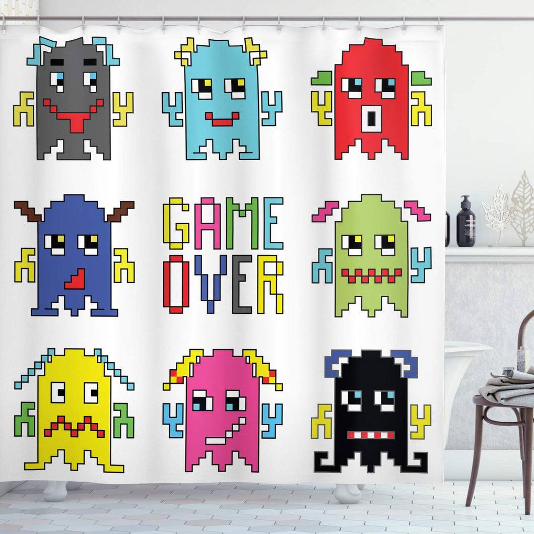 Ambesonne 90s Shower Curtain, Pixel Robot Emoticons with Game Over Sign Inspired by 90's Computer Games Fun Artprint, Cloth Fabric Bathroom Decor Set with Hooks, 84