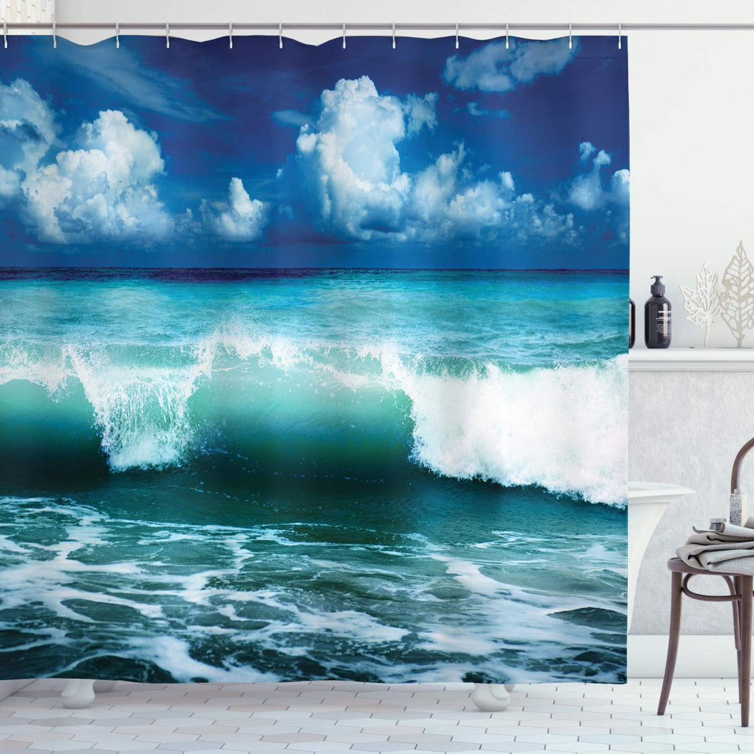 Ambesonne Ocean Surf Waves Decor Collection, Caribbean Sea and Water Splash Picture for Surfers Print, Polyester Fabric Bathroom Shower Curtain Set with Hooks, Navy Blue White