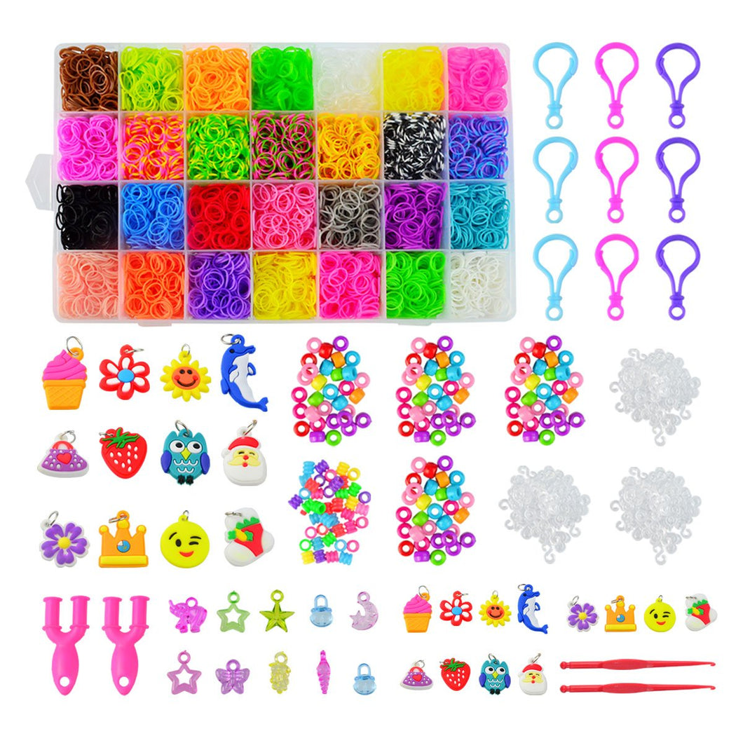 obmwang Colorful Rainbow Rubber Bands Refill Kit Box- 10,000x 28 Colors Rubber Loom Bands, 24x Charms 500x S-Clips,10x Backpack Hooks and 175x Beads for Kids Bracelet Loom Craft, Bracelet Weaving DIY
