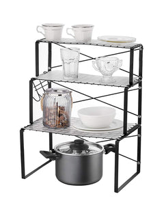 Multi-use 3 Tier Kitchen Cabinet and Counter Shelves Storage Organizer Rack with Hooks and Shelf Liner (Silver)