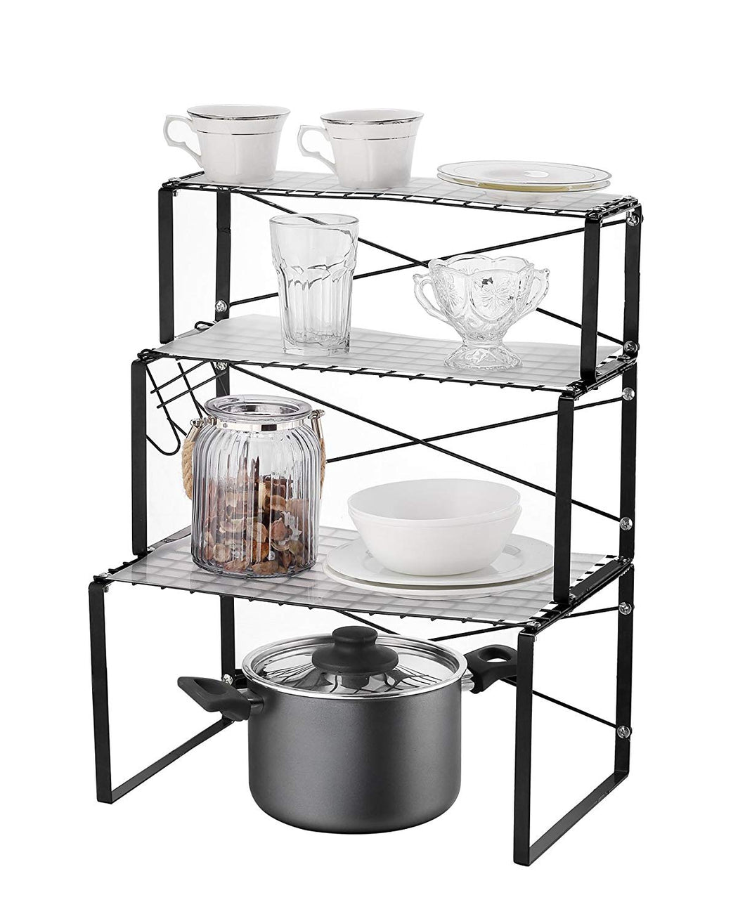 Multi-use 3 Tier Kitchen Cabinet and Counter Shelves Storage Organizer Rack with Hooks and Shelf Liner (Silver)