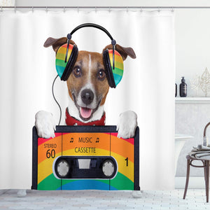 Ambesonne Popstar Party Shower Curtain, Dog Listening to Music from an Old Cassette of The 80's Colorful Headphones, Fabric Bathroom Decor Set with Hooks, 75 inches Long, White Orange