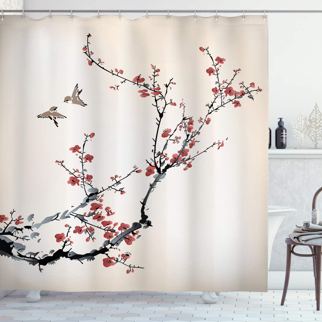 Ambesonne House Decor Collection, Cherry Branches Flowers Buds and Birds Asian Style Artwork with Painting Effect, Polyester Fabric Bathroom Shower Curtain Set with Hooks, Black Burgundy