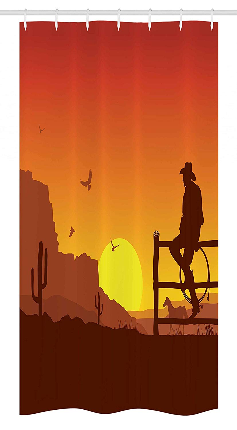 Ambesonne Western Stall Shower Curtain, Silhouette of Cowboy in Wild West Sunset Scene American Culture Image Print, Fabric Bathroom Decor Set with Hooks, 36