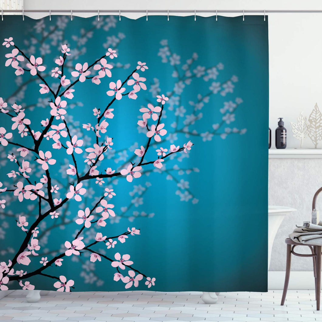 Ambesonne Leaves and Plants Decorations Collection, Ombre Spring Sakura Flowers Blossom in Garden Park, Polyester Fabric Bathroom Shower Curtain Set with Hooks, Teal Pink Black