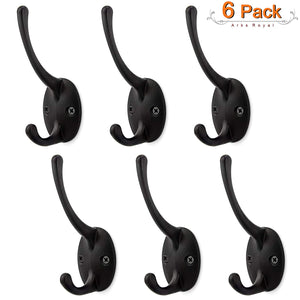 Wall Mounted Coat and Hat Hook Dual Robe Hanger 1" Wide Small Double Prong Hook, 6 Pieces, Black