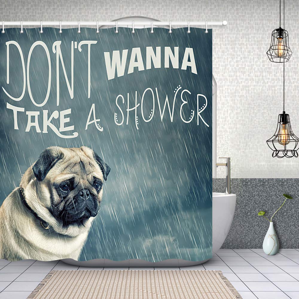 NYMB Vintage Animal Decor, Pug Dog Puppy in The Rain Don't Wanna Take a Shower Shower Curtain, Polyester Fabric Bathroom Decorations, Bath Curtains Hooks Included, 69X70 inches (Multi1)