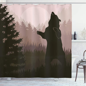 Ambesonne Nature Shower Curtain, Silhouette of Wild Bear in The Jungle Woodland at Dark Night Illustration, Fabric Bathroom Decor Set with Hooks, 75 Inches Long, Army Green