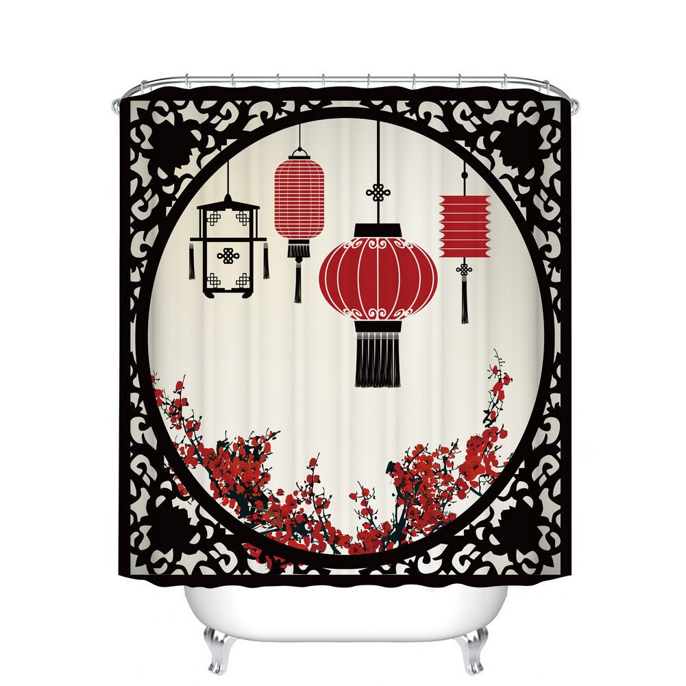 Fangkun Lantern Decor Shower Curtain Set - Chinese Style Lanterns with Round Ornate Figure Graphic - Polyester Fabric Waterproof Bath Curtains - 12pcs Shower Hooks - 72 x 72 inch