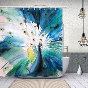 NYMB Animnal Shower Curtains for Bathroom, Watercolor Wild Creature Blue Peacock, Polyester Fabric Waterproof Bath Curtain, Shower Curtain Hooks Included, 69X70in