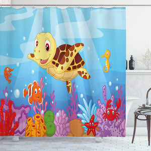 Ambesonne Turtle Shower Curtain, Funny Cartoon Style Underwater Sea Animals Baby Turtle and Fish Pattern, Cloth Fabric Bathroom Decor Set with Hooks, 70" Long, Blue Brown
