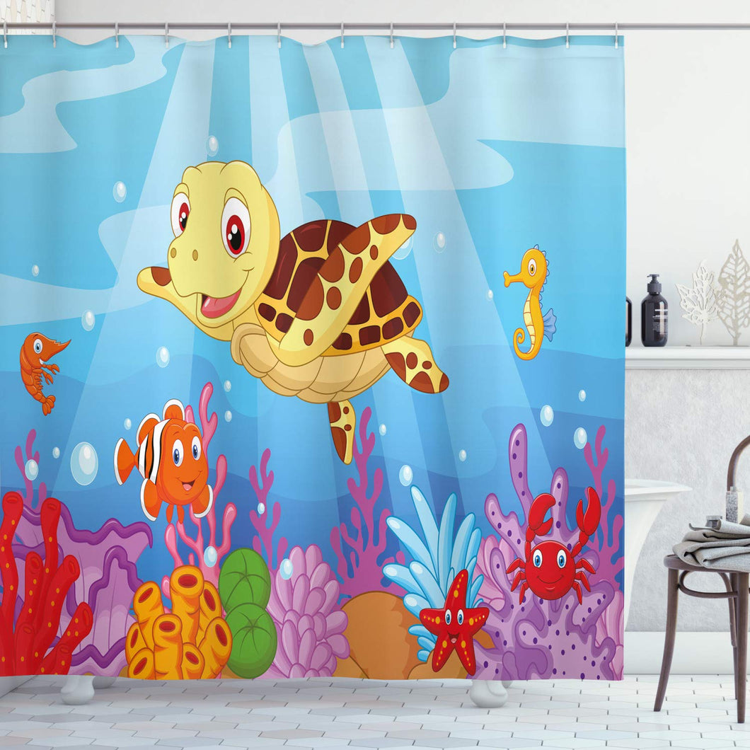 Ambesonne Turtle Shower Curtain, Funny Cartoon Style Underwater Sea Animals Baby Turtle and Fish Pattern, Cloth Fabric Bathroom Decor Set with Hooks, 70
