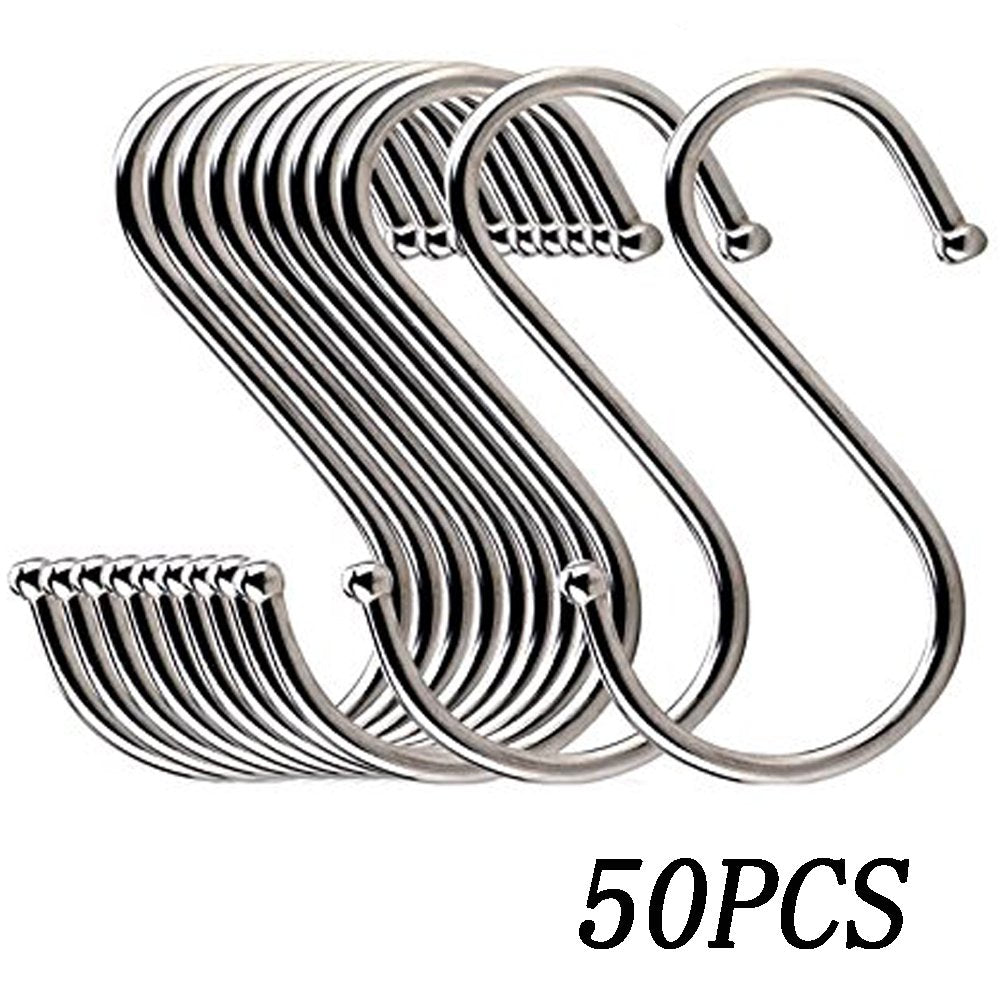50 Pack S Shaped hook Heavy Duty Stainless Steel Hanger Hooks Ideal for hanging pots and pans plants utensils towels