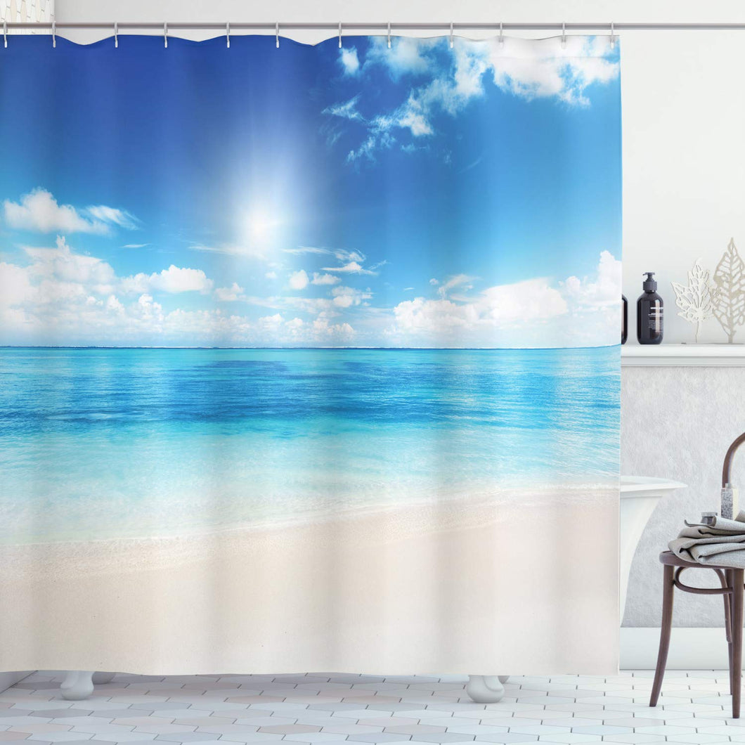 Ambesonne Ocean Shower Curtain, Beach View from Caribbean Sea in a Sunny Day Exotic Summer Season Print, Fabric Bathroom Decor Set with Hooks, 84 Inches Extra Long, Cream Turquoise