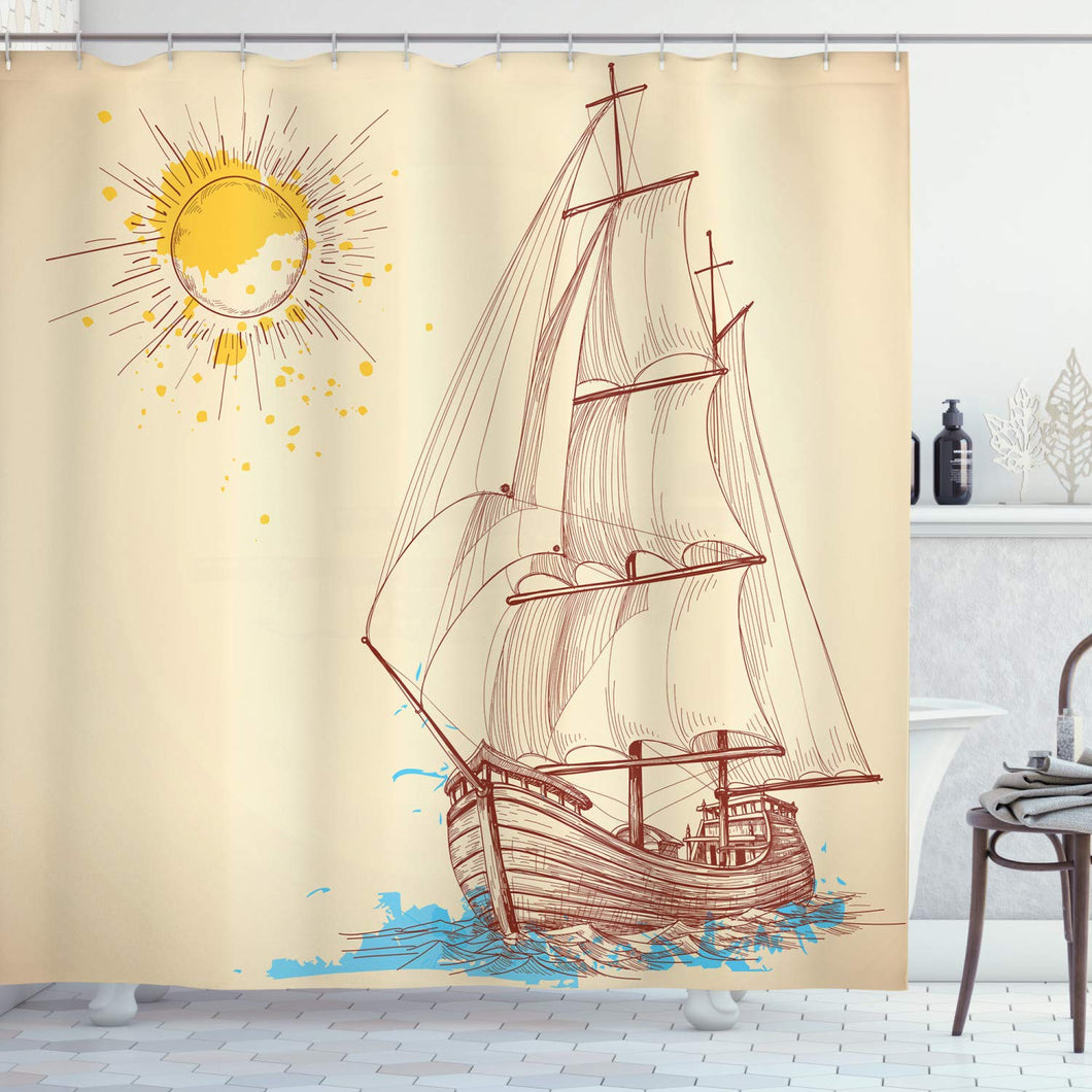 Ambesonne Nautical Shower Curtain, Nautical Pattern of Sailing Boat in Windy Sea with Splashed Sun Cruising Galleon, Cloth Fabric Bathroom Decor Set with Hooks, 75
