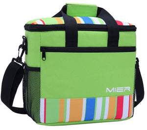 MIER 24-can Large Capacity Soft Cooler Tote Insulated Lunch Bag Green Stripe Outdoor Picnic Bag